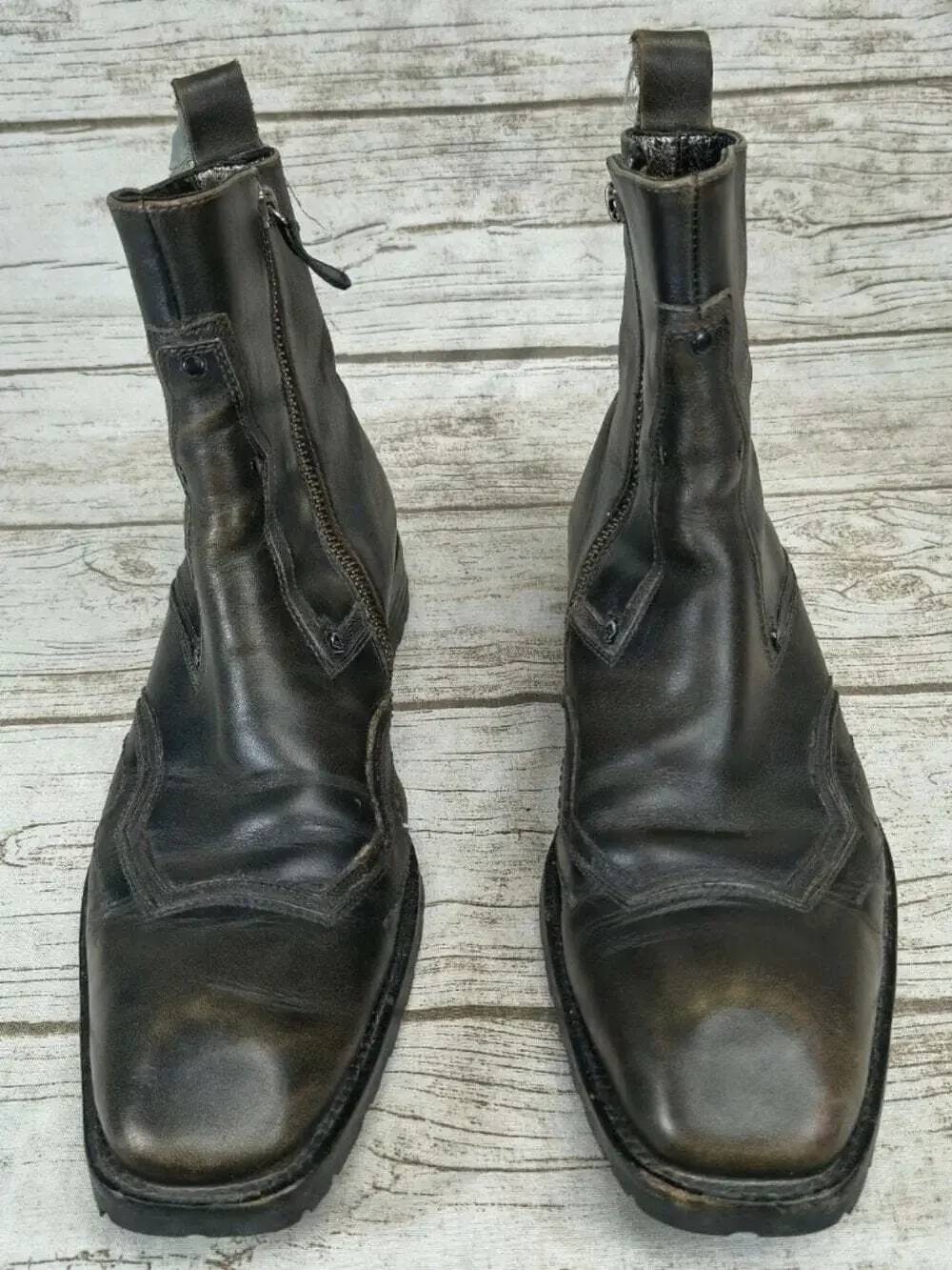 Mark Nason U Rock Leather Cross Side-Zip Ankle Boots Mens Size 8.5 Black Gray